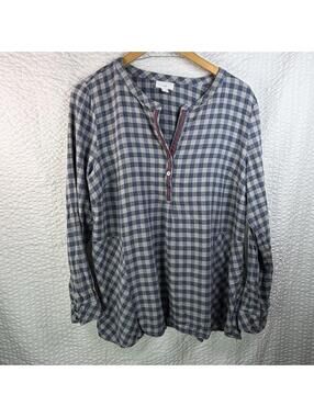 J. Jill Size Large Blue Grey Checkered V Neck Popover Blouse Cozy Casual Fall
